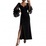 Naiste V-kaelusega maksikleit Seksikas v&otilde;rkpikk laternvarrukatega l&otilde;hikuga pikk &otilde;htukleit Kokteilipidu Pidulik kleit M must