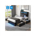 Polsterdatud voodi - MUVOE - 90x190 cm - USB - LED-valgustus - 4 sahtlit - Must must