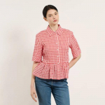 Bcbg Shirring Gingham Check Short Sleeve Blouse B5m4b426 red (24)/55