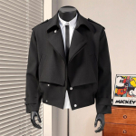Meeste Cropped Trench-stiilis Rev&auml;&auml;riga Nuppudega Jakk Vabaaja Streetwear &Uuml;ler&otilde;ivad S must