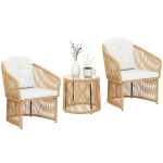 Rotangist bistroolauakomplekt, 3-osaline aiakujunduskomplekt &uuml;mmarguse klaaslaua, tugitoolide ja patjadega, kreemjas valge 65 x 62 x 76 cm kreemikas