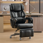 002-XXL Ergonoomiline kontoritool massaaži- ja k&uuml;ttefunktsiooniga, PU-nahast, jalatoega, p&ouml;&ouml;rlev, reguleeritava seljatoega, kuni 150 kg, kodukontorisse (Must) 85.5 x 76.5 x 121.5 cm must