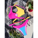 Splicing Halter Cut Out bikiinid Naiste ujumisriided Naiste ujumistrikoo Kaheosaline bikiinikomplekt Polsterdatud supelkost&uuml;&uuml;m naiste ujumiskost&uuml;&uuml;m S roosa/kollane