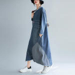 DIMANAF Plus Size naiste 2023 uus kevadkleit Denim pikkade varrukatega kleit Elegantne pikk kleit avar kleit Sinine p&otilde;hikleidid XL sinine