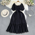 Suvised naised &otilde;&otilde;nsa pitsiga pikk kleit Vintage ruudukujuline krae l&uuml;hike puhv varrukas, k&otilde;rge v&ouml;&ouml;kohaga A-Line puhkus Beach Vestidos uus One Size must