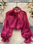 Ruffles Magus l&auml;bipaistev pluus kaelusega pikkade varrukatega 3D lilleline lahtine top Korea stiilis t&auml;navar&otilde;ivad vintage OL vabaaja s&auml;rk One Size lilla