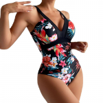 &Uuml;hes t&uuml;kis naiste ujumisriided Deep V lillemustriga ujumistrikoo 2XL must