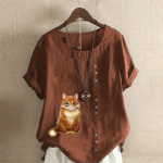 Naiste mood, suvine &uuml;markaelus, l&uuml;hike armas kass, prinditud varrukatega T-s&auml;rk vabaaja puuvillane linane graafiline s&auml;rk vaba aja veetmiseks avara pluusiga topsid Suures suuruses M sinine