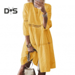 Naiste kleit, pits, &otilde;&otilde;nsad tikandid, kolmveerand varrukad, &uuml;hev&auml;rvilised avara p&otilde;lvepikkusega A-joon avara kaelusega midikleit M kollane