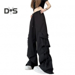 Retro naiste elastsed k&otilde;rge v&ouml;&ouml;kohaga p&uuml;ksid, mitme taskuga, sirge laia jalaga vabaaja pikad p&uuml;ksid t&auml;navar&otilde;ivad L roosa