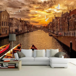 Retro Euroopa T&auml;navamaastik Tapeet Linnaehitis 3D Seinakujund P&auml;ikeseloojangu Maal Taustel Elutuba Kohvik Tapeet 200 cm(W) x 140 cm(H) brown