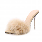 Maogu Stiletto Peep Toe Mules Naiste Sandaalid L&auml;bipaistev Konts Suvine Seksikas Sulgedega Naiste Sussid Akr&uuml;&uuml;l K&otilde;rged Kontsad Zapatos 35 aprikoosi