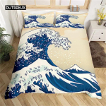 Tekikate Jaapani stiilis Mere Ookeani Lained Merenduslik K&auml;sitsi joonistatud Jaapani stiilis Kate Illustratsioon Ukiyoe Teemaline Dekor Sinine Kreemjas 140x200cm 3pcs blue