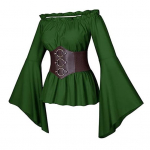 Naiste topp korsetiga, keskaegne piraat, &otilde;lalt avatud, ebakorrap&auml;rased puhvvarrukad, pluus, kroonleht S valge