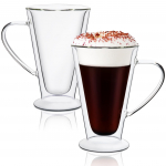 Topeltseinaga klaasist kohvikruusid 13 untsi/400 ml, l&auml;bipaistev klaas k&auml;epidemega, isoleeritud, Cappuccino, tee, LatteCups 301-400ml