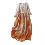 Yousheng Naiste Suvine Suur Suurus Linane Kleit Vabaaja Lilleline &Uuml;mar Kaelus 3/4 Varrukas Midi Kleit Lai Voolav Ranna P&auml;ikesekleit M sinine