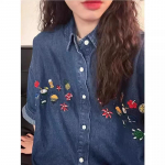 Naiste DENIM l&uuml;hikeste varrukatega s&auml;rk lillelise tikandiga, lai l&otilde;ige, vintage s&auml;rgid, vabaaja n&ouml;&ouml;pidega, mugavus, suvine naiste top S