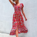 Naiste vintage Bohemia Fashion suvised lillemustriga l&uuml;hikeste varrukatega V-kaelusega vabaajakleidid L