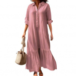 Naiste puuvillase-linase s&auml;rkkleit pikkade varrukatega V-kaelusega n&ouml;&ouml;bitav maksikleit vabaaja suur pluss voolav pikk kleit M roosa