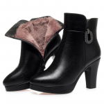 Paksu kontsaga platvorm Naiste puuvillased kingad Pehme nahk Talvine soe Paks pl&uuml;&uuml;s Libisemiskindel Lihtne mood K&otilde;rge kontsaga lumesaapad 38(Foot24cm)