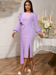 S&uuml;gis Talv Volangiga Pikk Laterna Varrukaga Midi Kleit Naised Elegantne Plisseeritud Slim Bodycon T&ouml;&ouml; Kirik Pulmak&uuml;laline Peor&otilde;ivad S lavendel