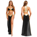 Naiste Vana-Egiptuse kuninganna cosplay kost&uuml;&uuml;m 4-osaline komplekt - l&uuml;hike topp, krae, varrukad ja k&uuml;lgmiste l&otilde;hikutega &scaron;ifoonseelik metallilise l&auml;ikiva lapit&ouml;&ouml;ga M must