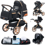 YAZOCO - Poussette combin&eacute;e 3en1 - Avec nacelle-si&egrave;ge auto - Jusqu'&agrave; 15Kg - Or-Noir must