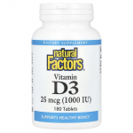 Natural Factors, D3-vitamiin, 25 mcg (1000 R&Uuml;), 180 tabletti