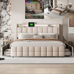 Kahekohaline voodi 140x200 cm LED-i ja 4 sahtliga, USB, t&auml;iskasvanute voodi 140x200 cm lippidest alusega, voodi 140x200 cm, linane kangas, beež