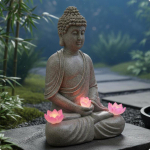 P&auml;ikesevalgustusega Buddha kuju v&auml;listingimustesse Mediteeriv &ouml;&ouml;lamp Ilmastikukindel Aeda Terrassile Sandstone Sitting Buddha