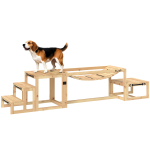3-osaline puidust koerte agility treeningvarustus pehme sillaga, puhkeplatvormi ja lemmikloomatrepiga v&auml;litingimusteks, naturaalne puit 117 x 50 x 56 cm looduslik
