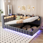 Multifunktsionaalne polsterdatud diivanvoodi 90x200cm, h&uuml;drauliline panipaik, puidust riiul, LED-riba, pistikupesa, USB ja Type-C pordid, lipprestiga alus, samet tumehall 217 x 105.5 x 85 cm hall