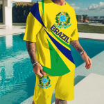 Brasiilia T-s&auml;rk l&uuml;hikesed p&uuml;ksid Meeste komplektid Suures suuruses Sobivad komplektid 3D-printimine Kiiresti kuivavad meeste riided Meeste kaelaga Ranna vabaaja t&auml;navar&otilde;ivad S