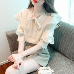 Suvine kaar-pits-Ruffle Sifoonpluus vabaaja Prantsuse magus V-kaelusega naiste top 2023 Poole varrukatega s&auml;rk Naiste riided Elegantne 27485 S aprikoosi