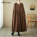 Suures suuruses s&uuml;gisene kevadine naiste &uuml;lisuur kleit Peter Pan krae must roheline kohvi vaba vabaaja kleit Vintage pikkade varrukatega velvetist kleit One Size tumepruun v&auml;rv