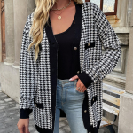 YYFS naiste moe vabaaja Houndstooth Print s&uuml;gistalvised pikkade varrukatega jakid ja mantlid S must/valge