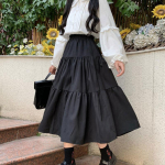 Kawaii must pikk seelik, naiste Jaapani Lolita, armas lapiline k&otilde;rge v&ouml;&ouml;koht, vaba A-kujuline Midi seelik vabaaja s&uuml;gise pehme t&uuml;druk S must