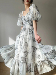 Summer Floral Print Dress Women Sexy French Style Vintage Party Midi Dresses Casual Korean Fashion Elegant Retro Dress 2024 New S