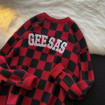 Streetweari kampsun meestele Retro ruuduline ruuduline pullover Hip Hop S&uuml;gis Uus &uuml;mmarguse kaelusega &Uuml;lem&otilde;&otilde;duline Paar casual kampsunid meestele M punane