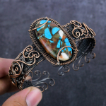 Natural Spiny Oyster Gemstone Copper Wire Wrap Cuff Bangle Adjustable e9k92