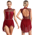 Naiste iluuisutamiskost&uuml;&uuml;m L&uuml;&uuml;riline tants, ballettv&otilde;imlemine Unitard kleit, l&auml;bipaistev v&otilde;rk, l&auml;ikiv rhinestones tantsuriietus Bodysuit M burgundiapunane