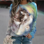 Kawaii Cat naiste T-s&auml;rk 3D-prindiga vabaaja pikkade varrukatega s&auml;rgid Harajuku kampsun Riietus Igap&auml;evane pluus Naiste avarad topid S