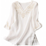 Suvine V-kaelusega tikitud puuvillane linane s&auml;rk naistele ni&scaron;ikujundusega Hele k&uuml;ps valge seitsme varrukaga avara s&auml;rk naiste topile M