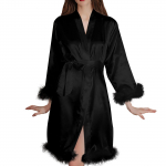 Siidist hommikumantlid naistele Fuffy Trim Seksikas satiinist pruudi pruutneitsi pulmapidu L&uuml;hike hommikumantel Kerged magamisriided L must