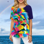 Naiste suures suuruses naiste triiks&auml;rgid l&uuml;hikeste varrukatega T-s&auml;rgid V&auml;rvilised Tiger 3D Prindiga Lahtised vabaaja topid Naiste ebaregulaarsed suver&otilde;ivad S