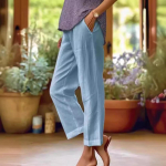 Puuvillane ja linane naiste vaba mood, &uuml;hev&auml;rvilised sirged vabaaja p&uuml;ksid naiste riided XXXL sinine