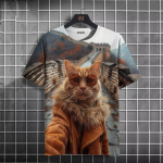 Suvine &uuml;mara kaelusega 3D armas kassi prindiga top, moekas vabaaja l&uuml;hikeste varrukatega meeste T-s&auml;rk S