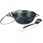 Wok multifonction 5 pi&egrave;ces - GSW - 860956 - Fonte d'acier - 32 cm - Tous feux dont induction must