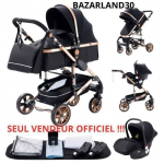 BAZARLAND30.Poussette Combin&eacute;e 3 en 1 Si&egrave;ge-Auto Nacelle Trio R&eacute;versible R&eacute;glable Haute Qualit&eacute; Roues increvables. Noir et or must