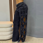 Naiste Streetwear L&otilde;ikega L&auml;bil&otilde;ikega Ristp&otilde;imitud K&uuml;ljelt Lai Jalg Sinised Denim P&uuml;ksid 2025 Mood Seksikad Peo Jeans P&uuml;ksid 2XL must